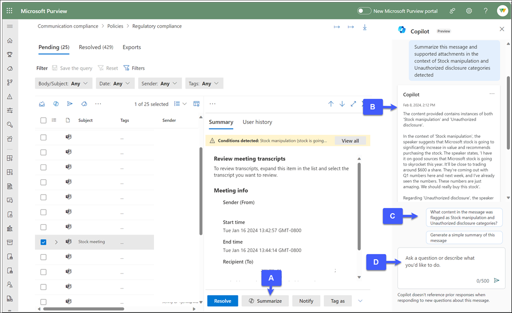 Capture d’écran du panneau Copilot dans Microsoft Purview montrant un résumé des messages, des invites suggérées et la zone Poser une question pour les enquêteurs de conformité des communications.