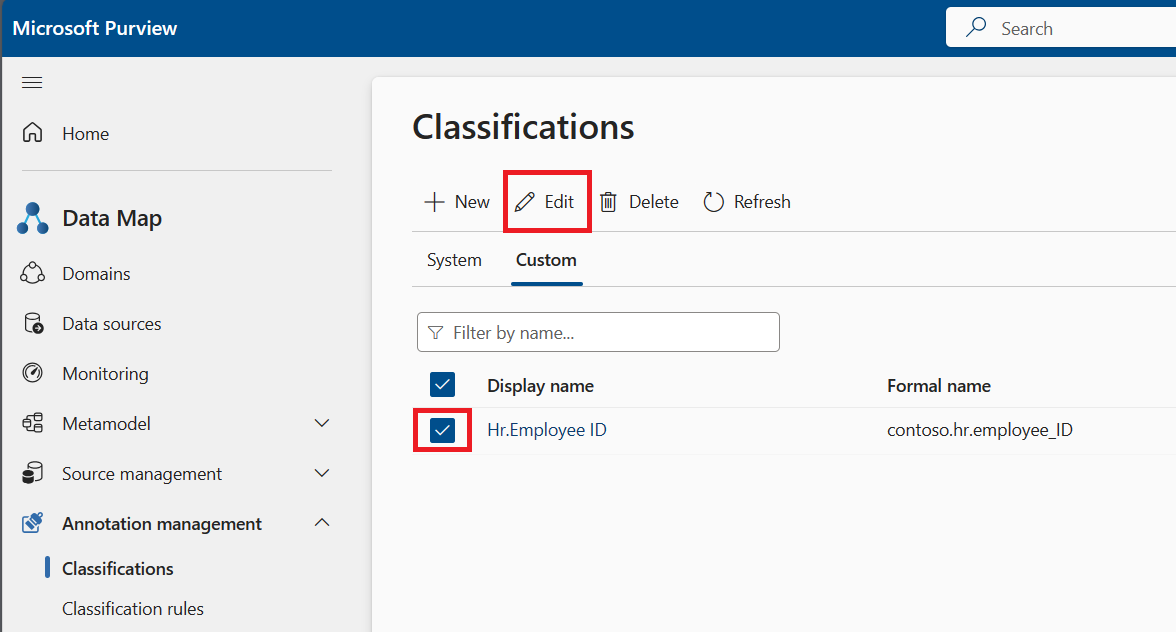 Capture d’écran de la page de classification personnalisée, montrant une classification sélectionnée et le bouton Modifier mis en évidence.