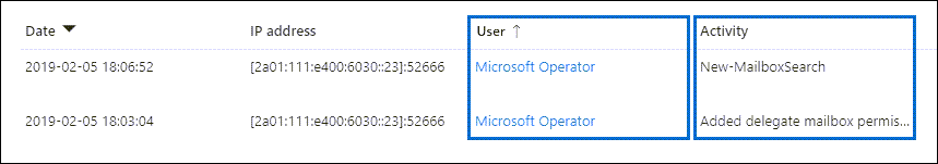 Filtrer sur « Microsoft Operator » pour afficher les enregistrements d’audit