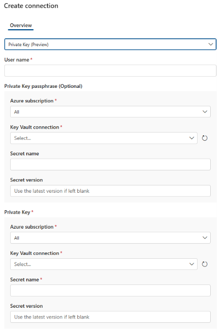 Capture d’écran montrant comment configurer une connexion Snowflake à l’aide d’une clé privée.