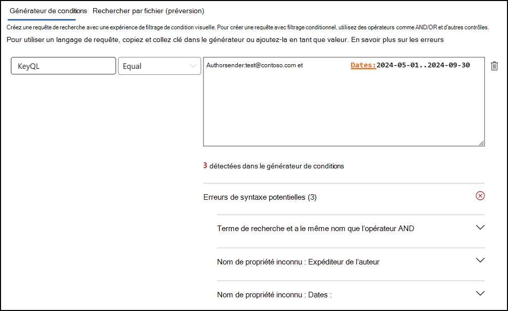 détection des erreurs de l’éditeur KeyQL.