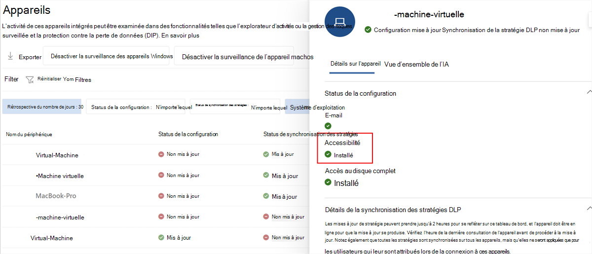 Capture d’écran des détails de l’appareil Microsoft Purview montrant l’accessibilité avec un status Installé.