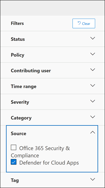 Utilisez le filtre Source pour afficher uniquement les alertes Defender for Cloud Apps.