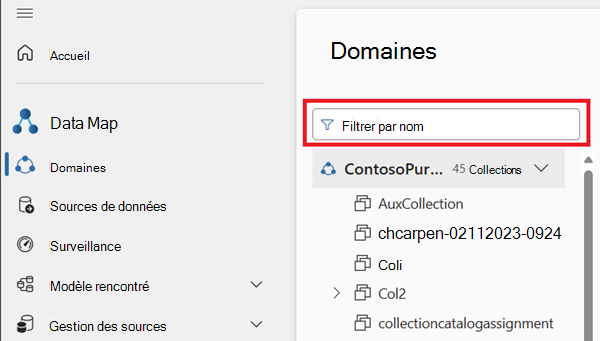 Screenshot of the domains menu with filter box above the domain and collection list highlighted.