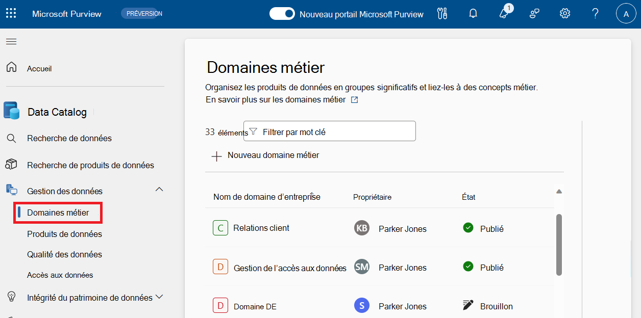 Screenshot of the business domains page in the Microsoft Purview portal.