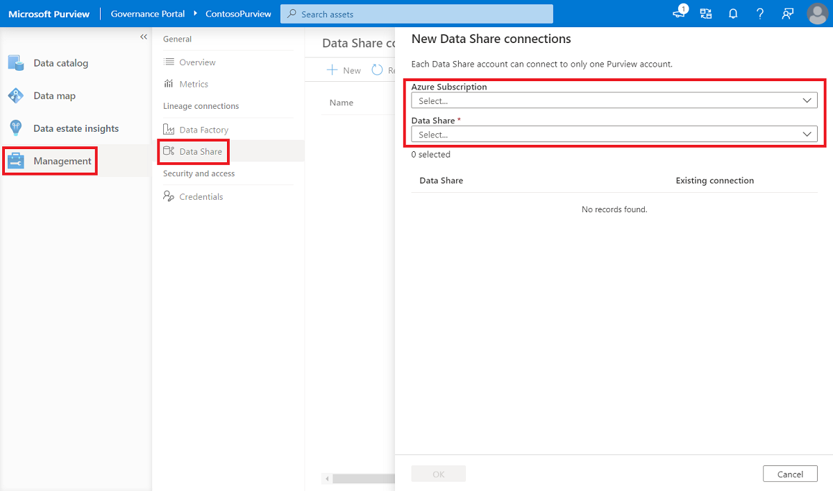 Capture d’écran du centre de gestion pour lier azure Data Share.