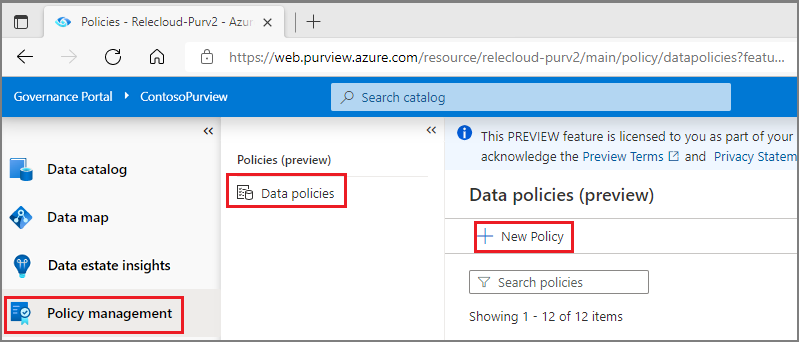 Capture d’écran montrant le propriétaire des données peut accéder à la fonctionnalité De stratégie dans Microsoft Purview lorsqu’il souhaite créer des stratégies.