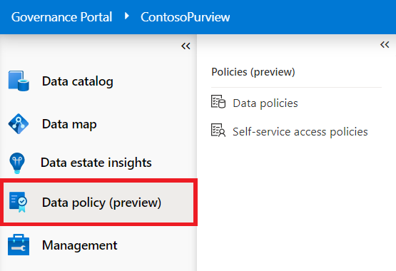 Capture d’écran du portail de gouvernance Microsoft Purview avec le menu le plus à gauche ouvert et l’option Page De stratégie de données mise en évidence.
