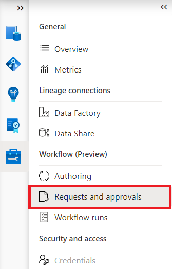 Capture d’écran montrant la table de navigation du centre de gestion avec le bouton demandes et approbations mis en évidence.