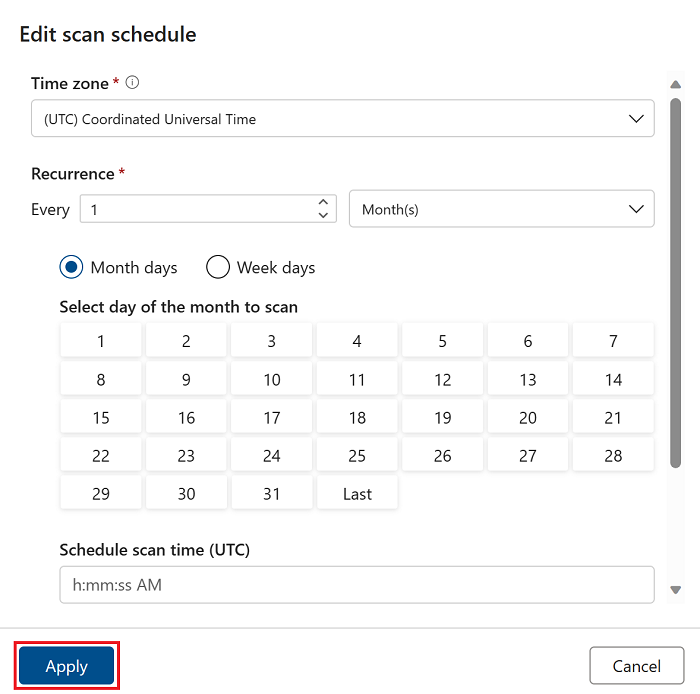 Capture d’écran du menu Planification de l’analyse, montrant un calendrier et une liste déroulante pour sélectionner les heures d’exécution mensuelles ou hebdomadaires.