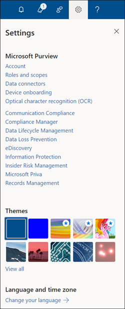 Volet des paramètres du portail Microsoft Purview.