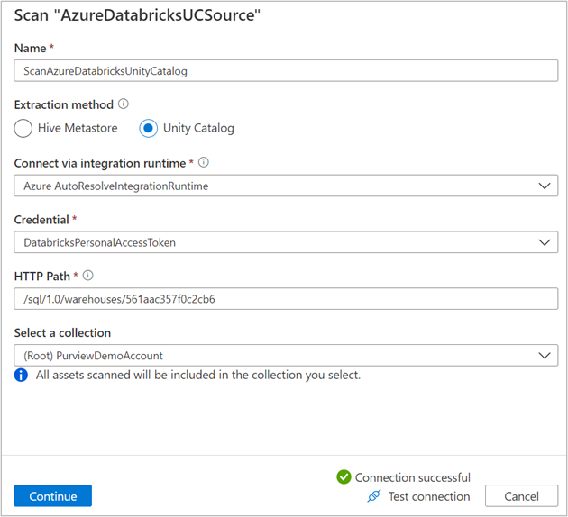 Capture d’écran de la configuration de l’analyse Azure Databricks Unity Catalog.