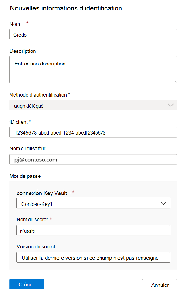 Screenshot of the new credential menu, showing Fabric credential for Delegated Auth with all required values supplied.