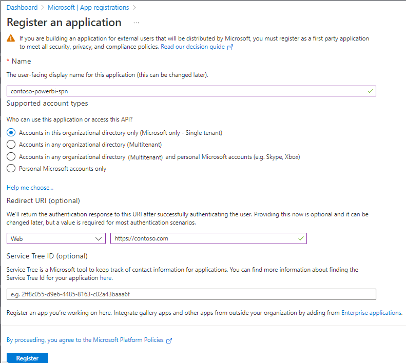 Capture d’écran de la création d’une application dans Azure AD.