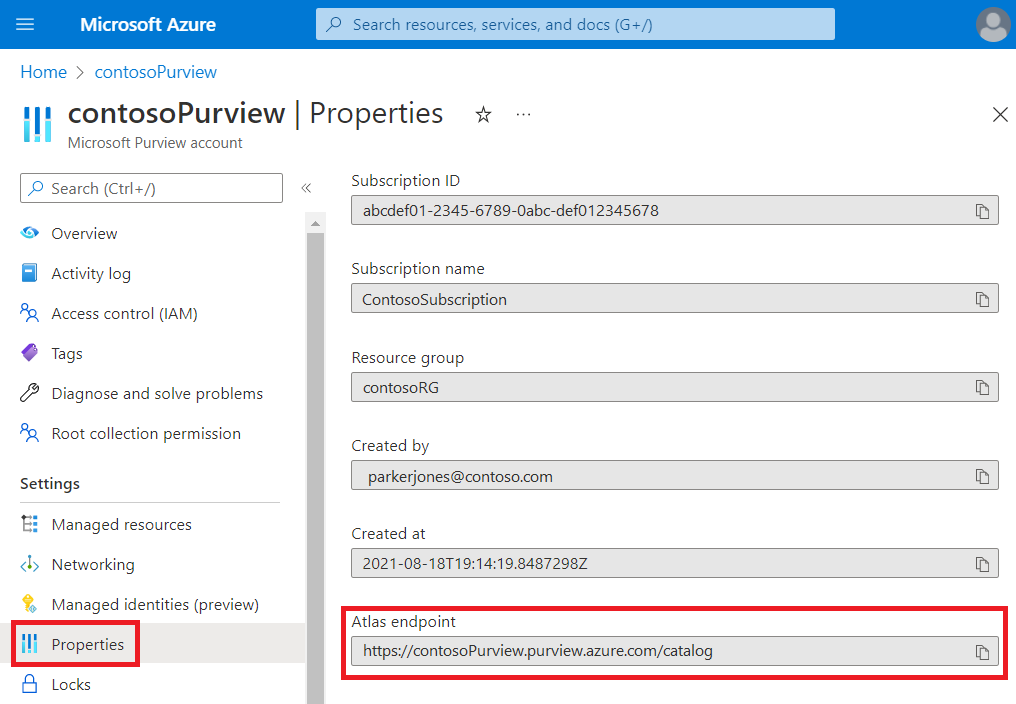 Capture d’écran de la page de propriétés de Microsoft Purview avec la zone point de terminaison Atlas mise en surbrillance.