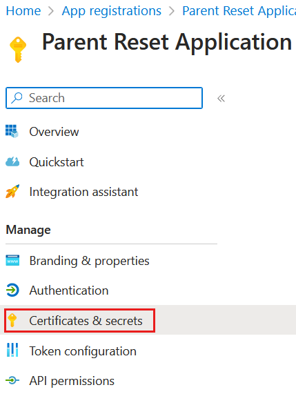 Capture d’écran montrant l’emplacement des certificats et des secrets.