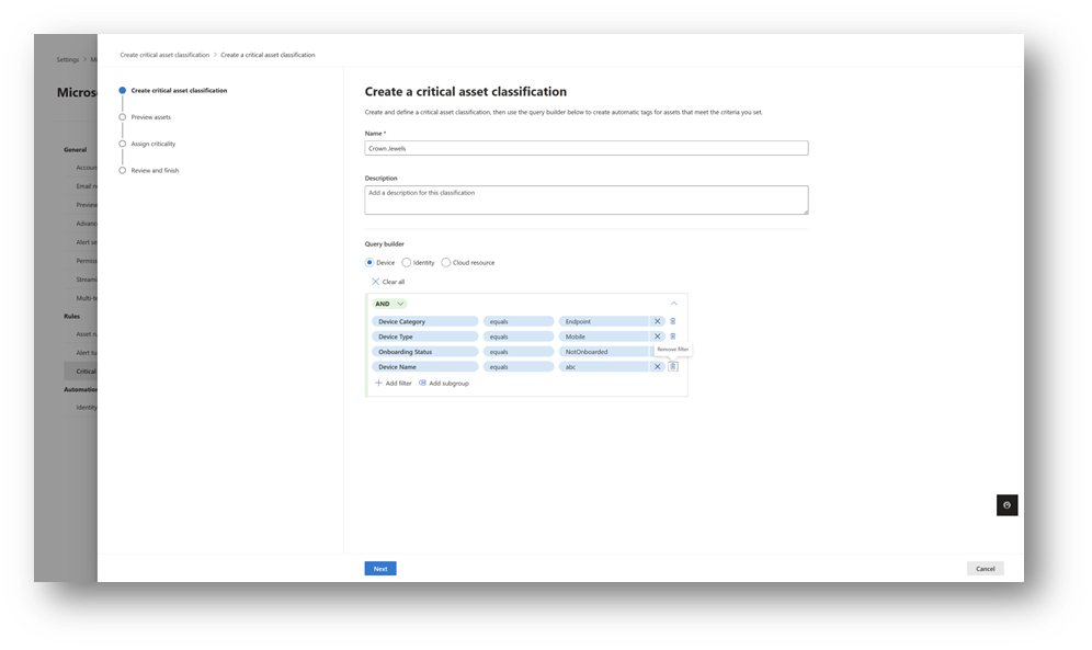 Capture d’écran de la page dans laquelle vous créez des classifications de ressources critiques.