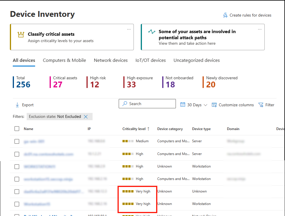 Capture d’écran de la fenêtre Inventaire de l’appareil montrant le tri de la criticité.