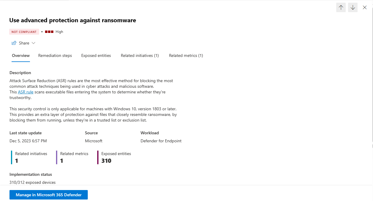 Capture d’écran des détails de la recommandation de protection avancée contre les ransomwares 