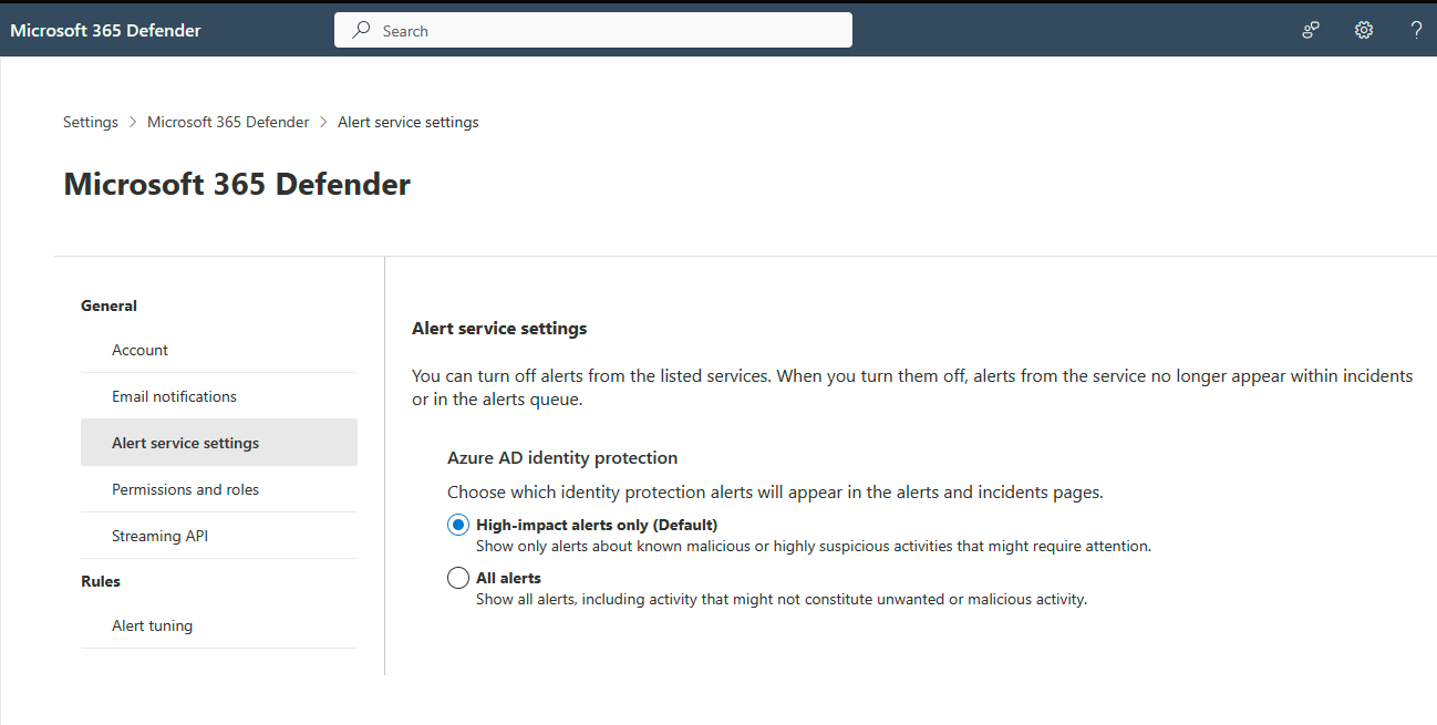 Capture d’écran de l’option Afficher les alertes à impact élevé uniquement.
