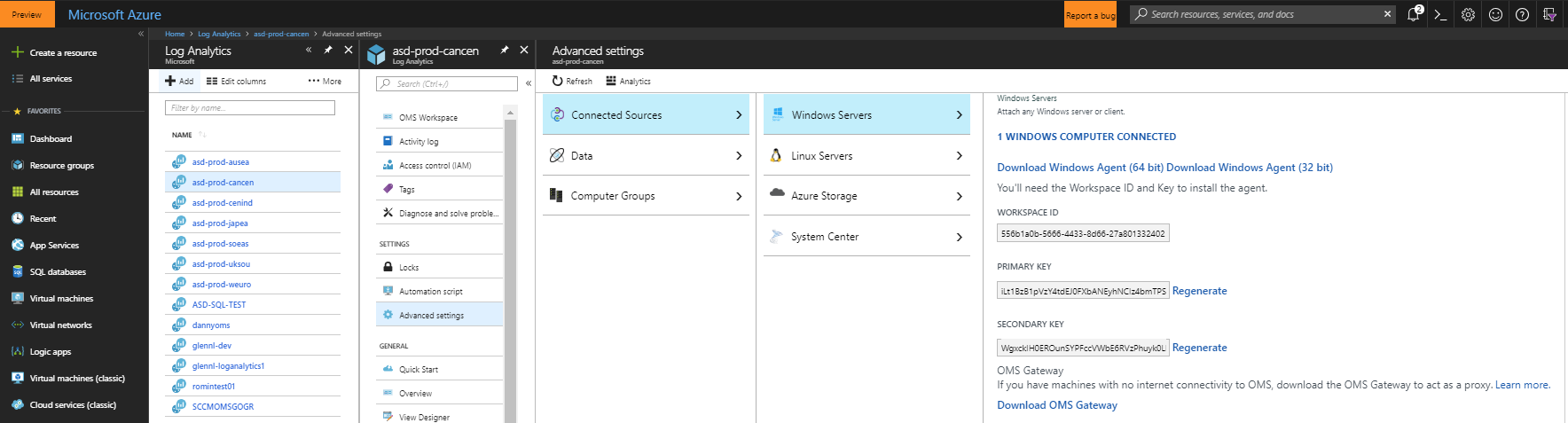 Fenêtre Microsoft Azure, qui montre les éléments de menu Sources connectées et Serveurs Windows sélectionnés.