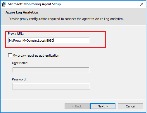 Fenêtre d’installation de l’agent Microsoft Monitoring, qui montre que l’URL du proxy est renseignée avec les informations du serveur proxy.