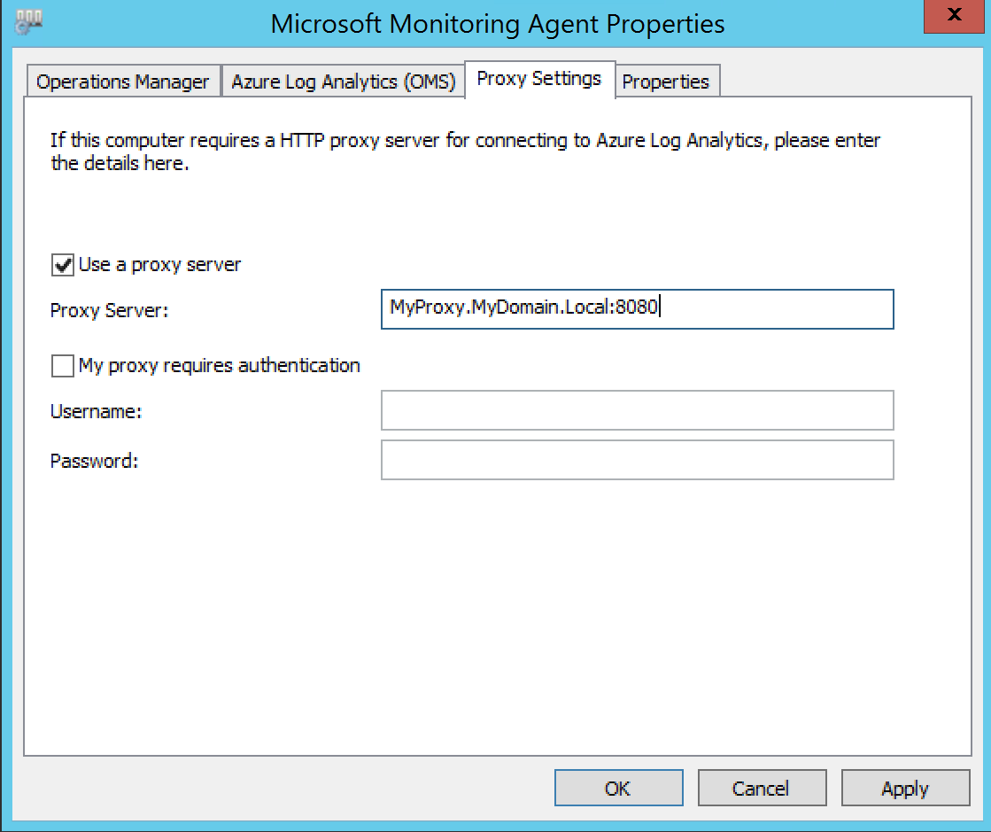 Fenêtre Propriétés de l'agent Microsoft Monitoring qui montre l’option Utiliser un serveur proxy activée.