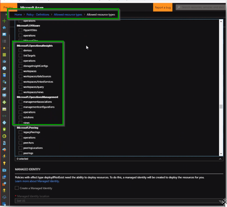 Menu Types de ressources autorisés avec les options sélectionnables.