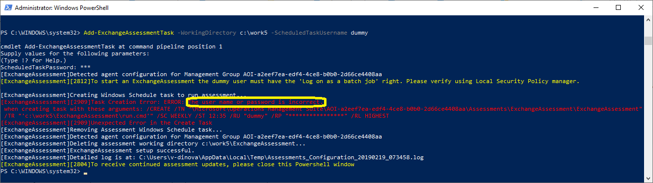 Windows PowerShell affichant le message d’erreur utilisateur.