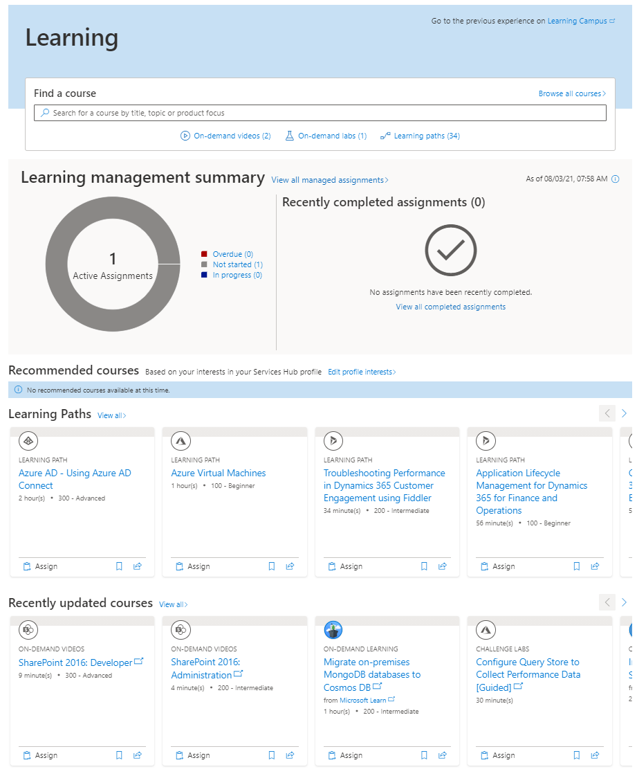 Nouvelle page d’accueil d'apprentissage du Services Hub avec gestion