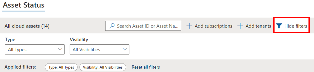 Emplacement du bouton de filtre dans le tableau de bord Visibilité des demandes de support cloud.