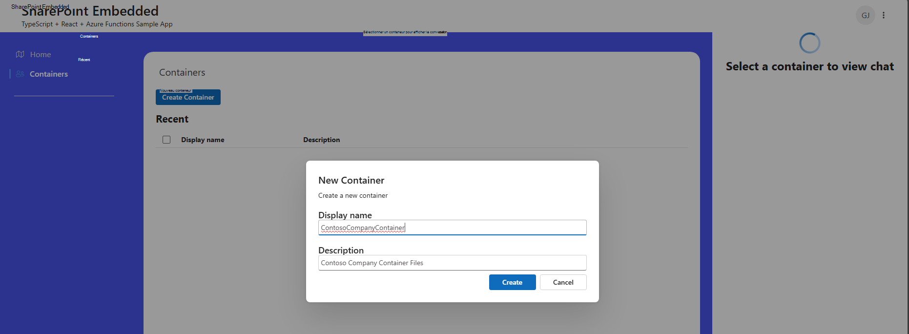 Spe Typescript Application s’exécutant dans edge dans la sous-page /containers avec modal de l’utilisateur c réatignez un conteneur appelé ContosoCompanyContainer