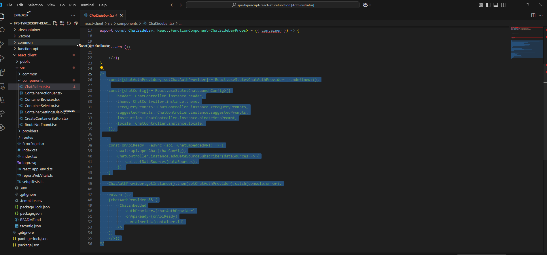 Explorateur de fichiers VS Code avec ChatSideBar.tsx dans la fenêtre ouverte avec le code pertinent pour supprimer les marques de commentaire mis en évidence