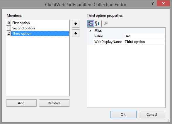 Éditeur de collection d’éléments d’énumération de composant WebPart client comportant 3 éléments, chacun d’entre eux disposant d’un attribut Value et d’un attribut Web Display Name.