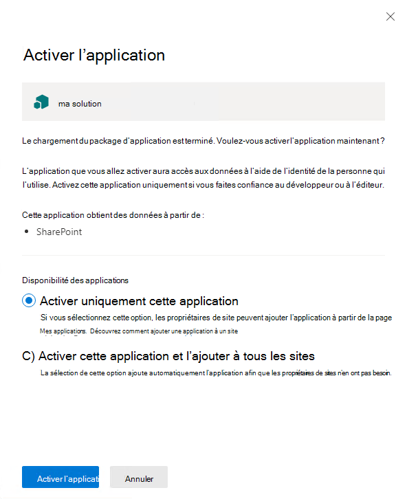 Fenêtre d’installation contextuelle du catalogue d’applications pour la solution SPFx