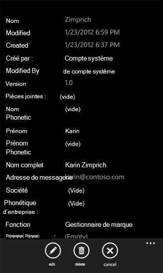 Affichage DisplayForm d'un élément de liste de contacts
