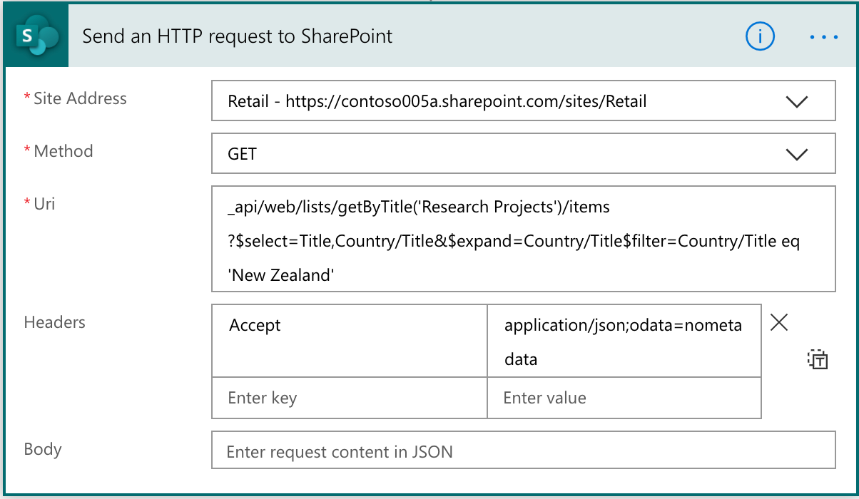 Action Envoyer une requête HTTP à SharePoint