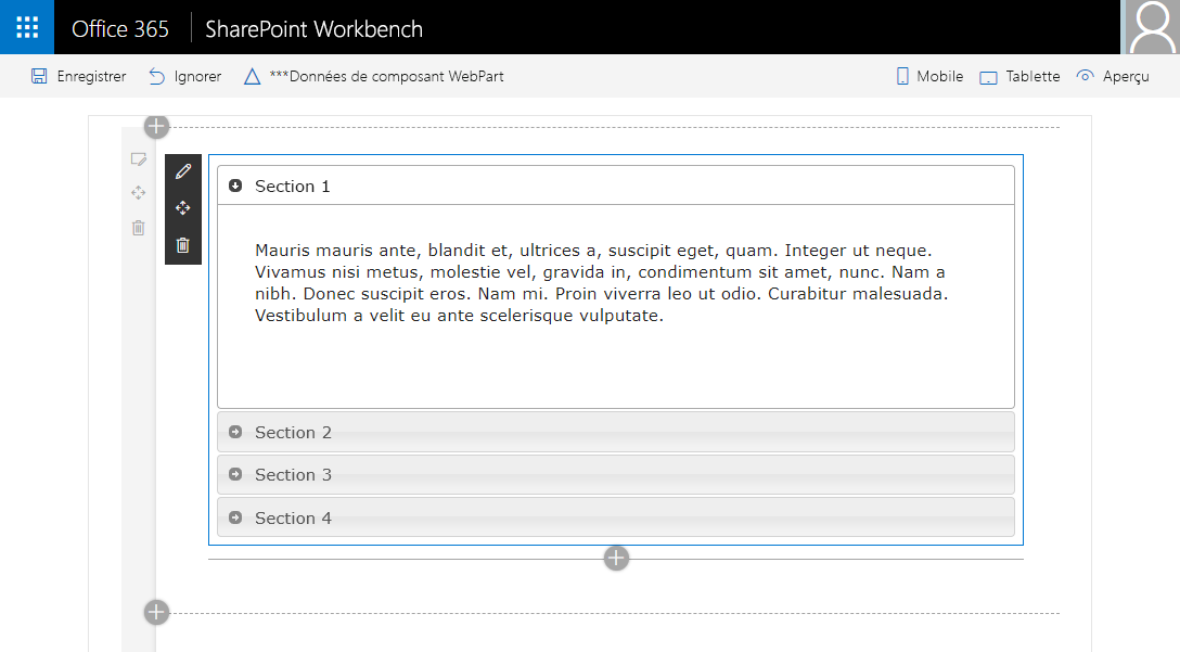 Capture d’écran d’un composant WebPart qui inclut un accordéon jQuery