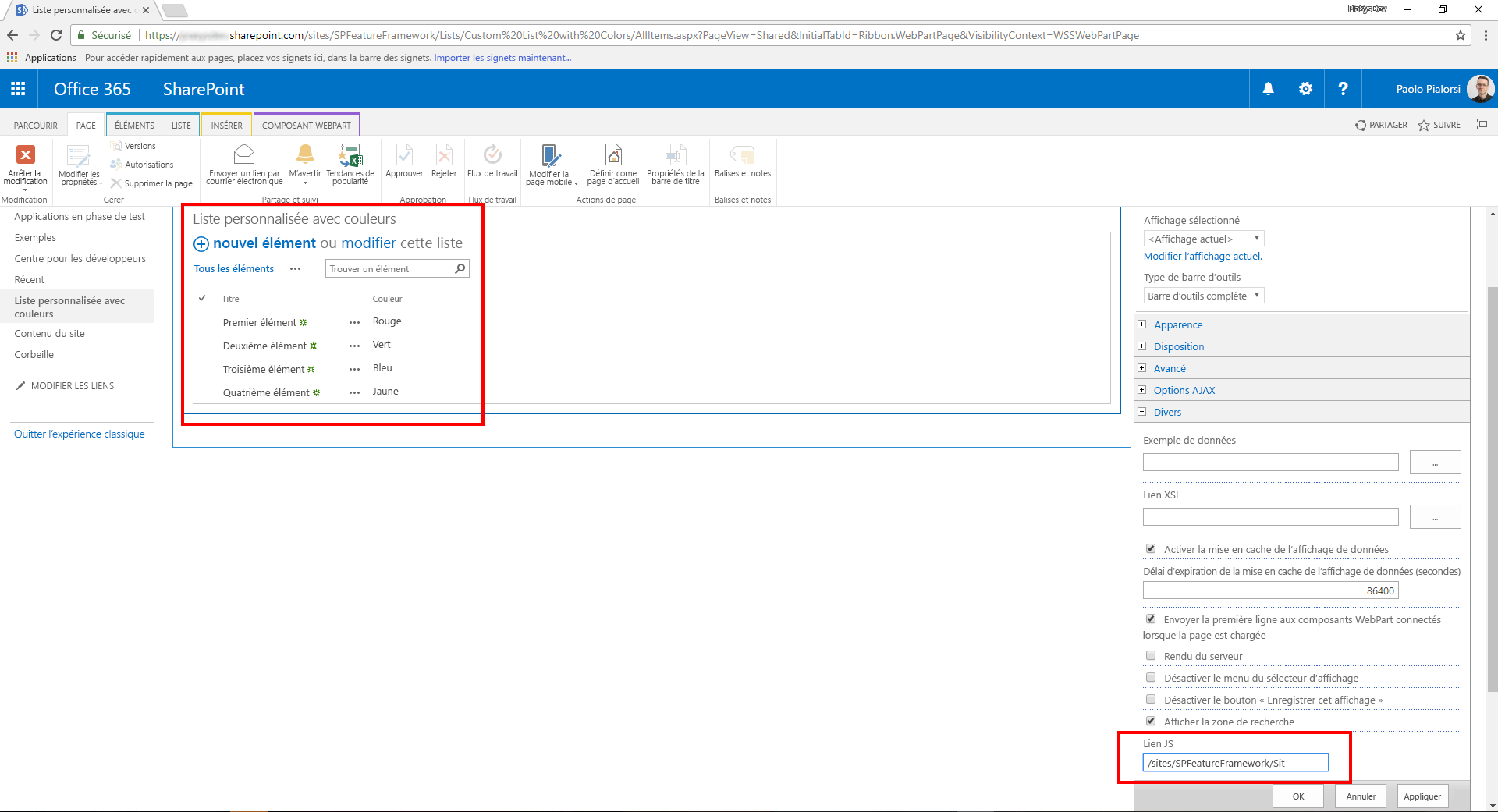 Configuration de la propriété JSLink dans le composant WebPart d’affichage de liste