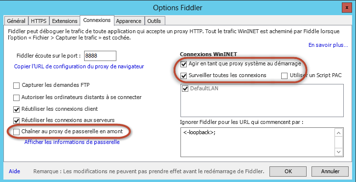 Figure 6. Options de connexion de Fiddler