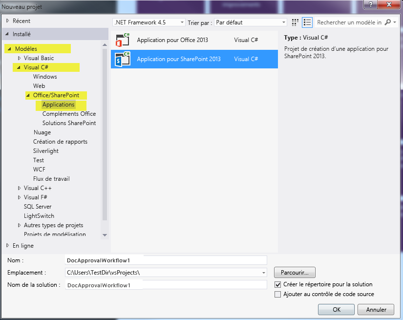 Boîte de dialogue Nouveau projet dans Visual Studio 2012