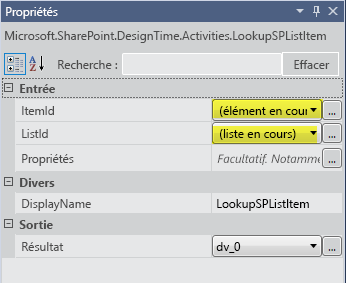 Définition des propriétés pour LookupSPListItem
