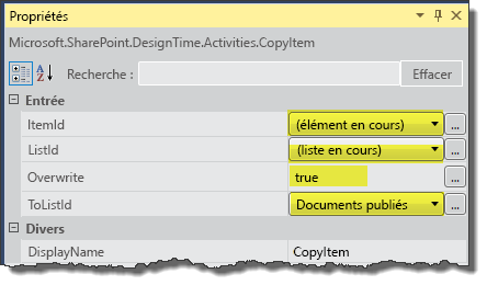 Configuration des propriétés de l’activité CopyItem