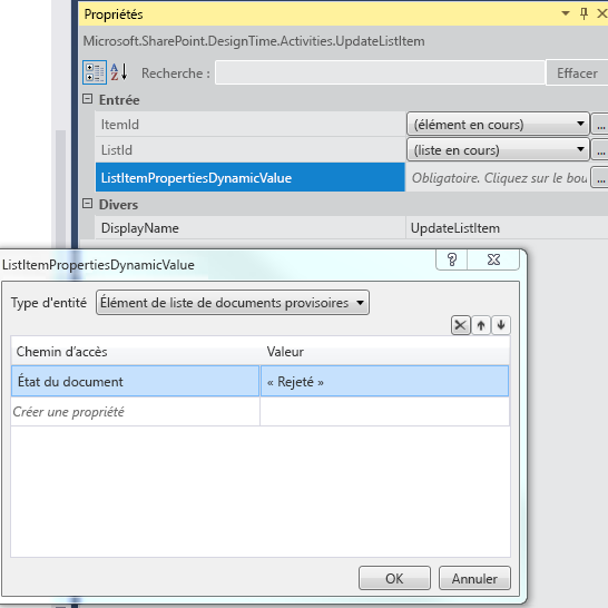 Configuration d’UpdateListItem pour les documents rejetés