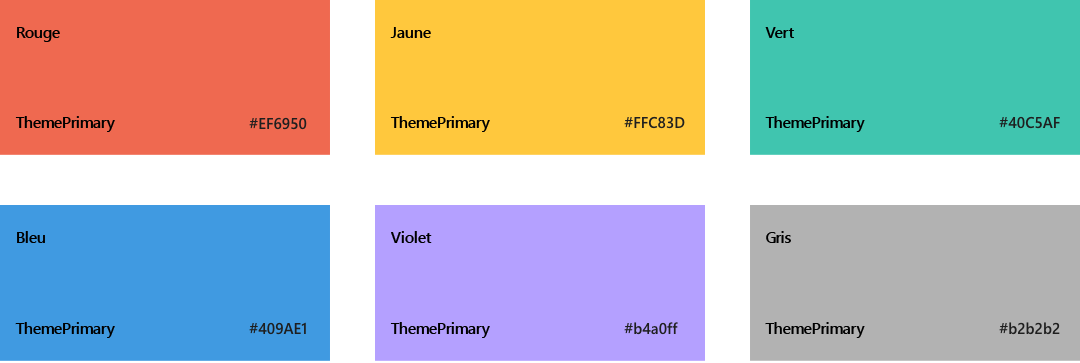 Palette de couleurs SharePoint de thème foncé, rouge EF6950, jaune FFC83D, vert 00b294, bleu 3a96dd, violet 9c89e9, gris b1adab