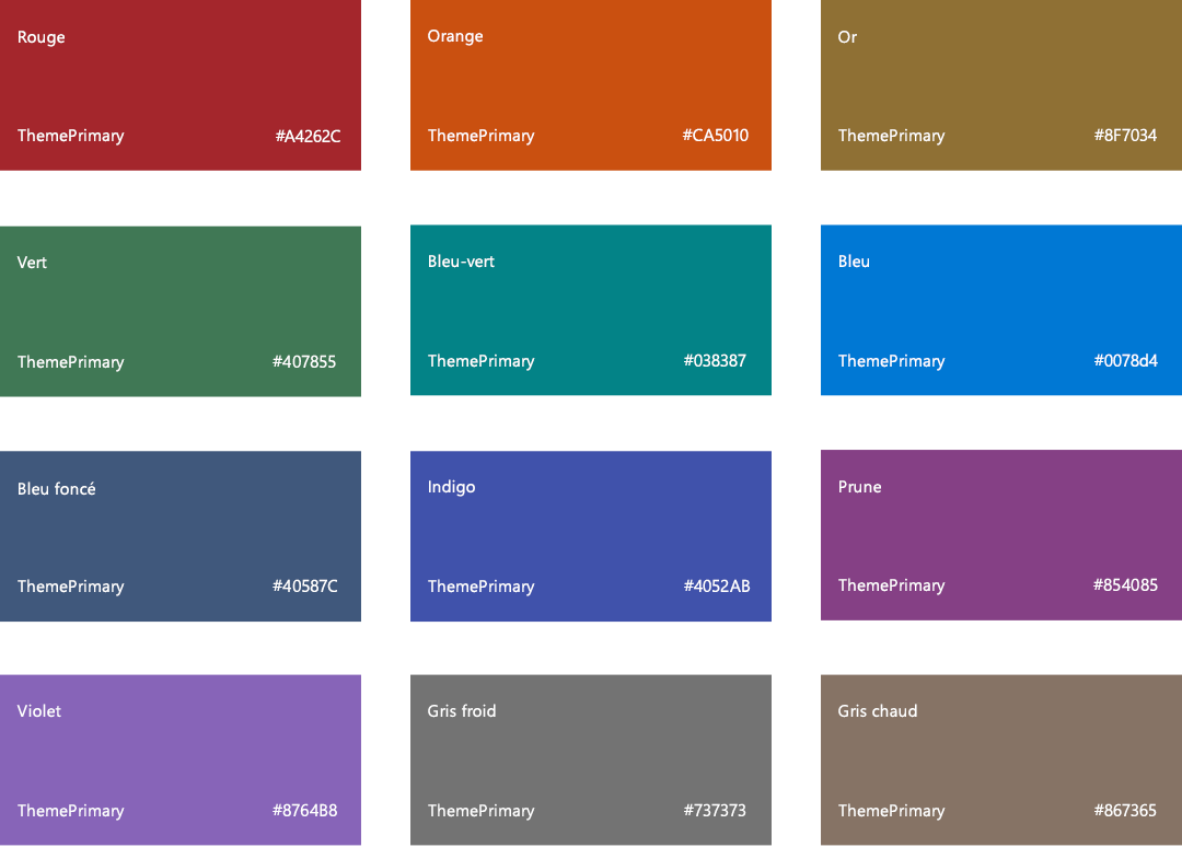 Palette de couleurs SharePoint, rouge A4262C, orange CA5010, or 986f0b, vert 498205, bleu sarcelle 038387, bleu 0078d4, bleu foncé 004e8c, indigo 4f6bed, prune 881798, violet 8764B8, gris métallisé 69797e, gris chaud 7a7574