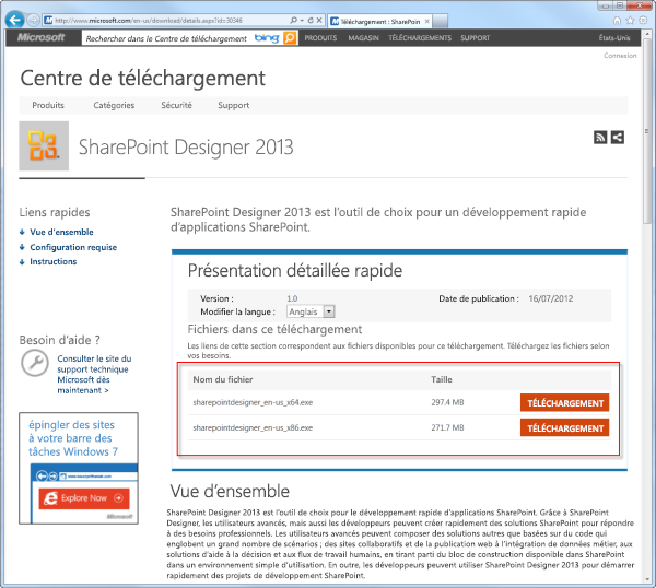 Page de téléchargement de SharePoint Designer 2013