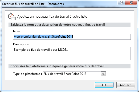 Boîte de dialogue de création de flux de travail