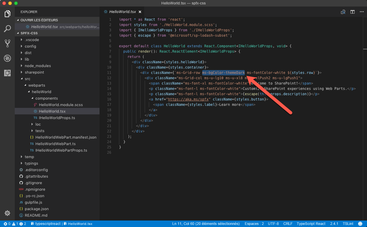 La classe « ms-bgColor-themeDark » sélectionnée dans l’éditeur de Code Visual Studio