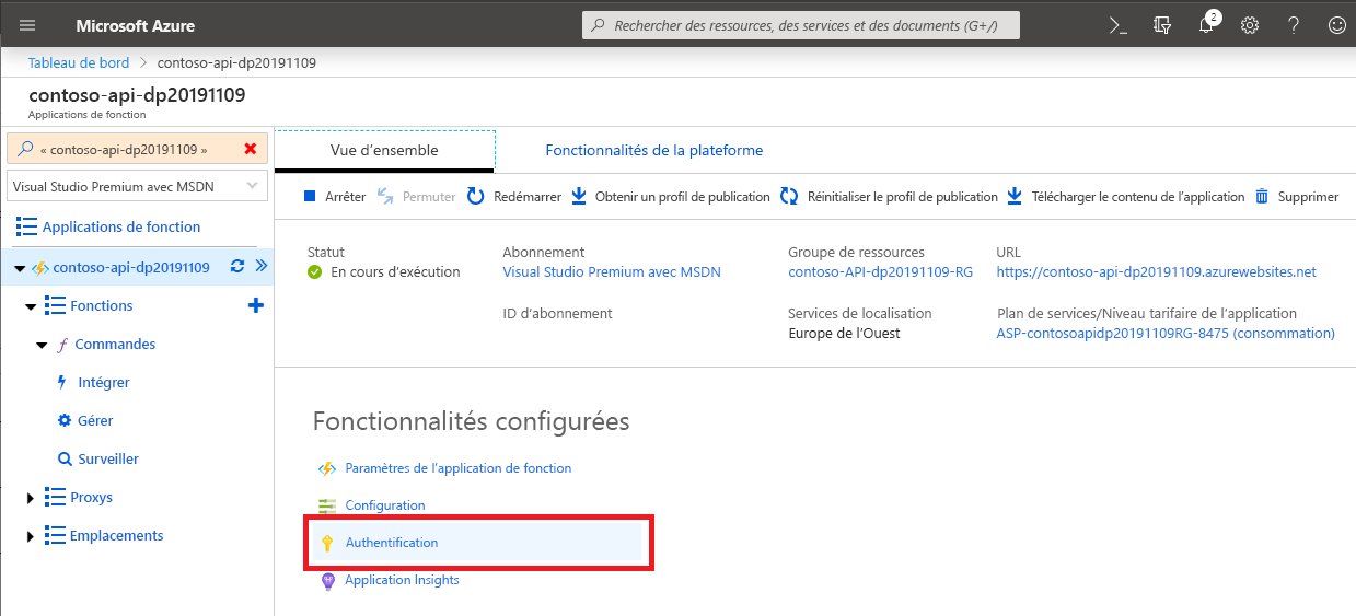 Lien « Authentification » mis en évidence sur la page Function Apps